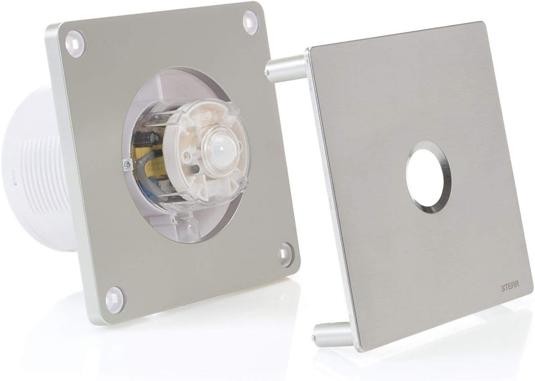 STERR Silberner Badlüfter 100 mm mit PIR - Badezimmerventilator - Edelstahlfront - Modernes Aussehen