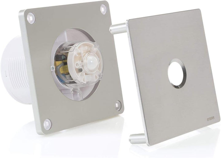 STERR Silberner Badlüfter 100 mm mit PIR - Badezimmerventilator - Edelstahlfront - Modernes Aussehen