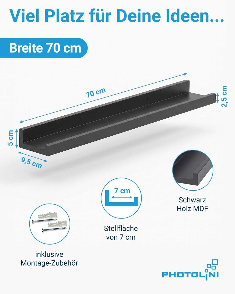 PHOTOLINI Wandregal stabiles MDF-Holz schwarz 70 cm, Schweberegal, 2er Set, modernes Design, Bilderl