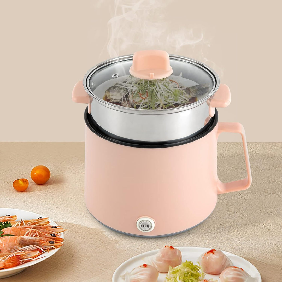 Elektrische Hot Pot und Dampfgarer, 1.7L Tragbare Mini Antihaft Multikocher, Ramen Kocher, Leistungs