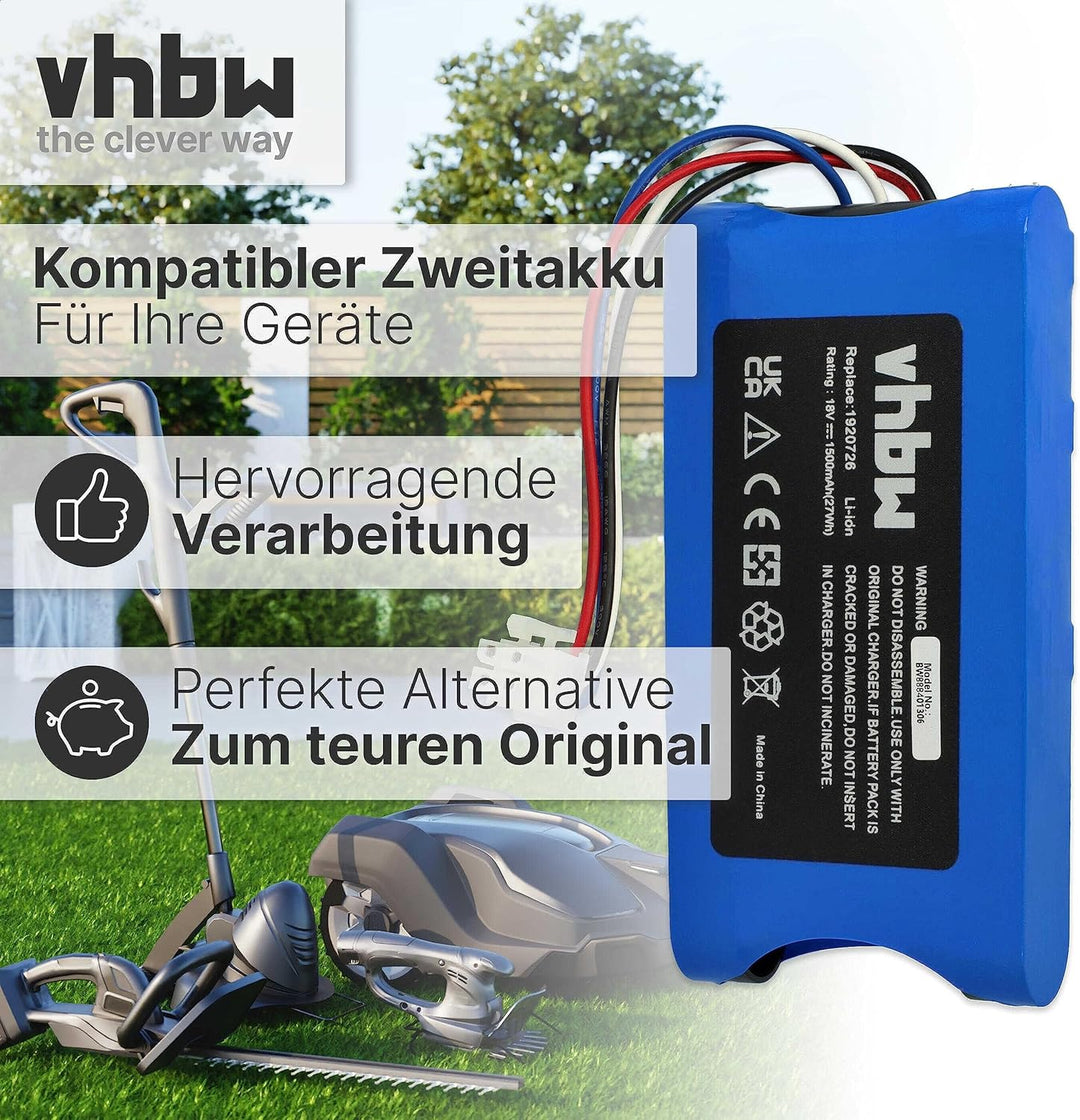 vhbw Akku Ersatz für Yard Force 1920726 für Rasenmäher Rasenroboter (1500mAh, 18V, Li-Ion)