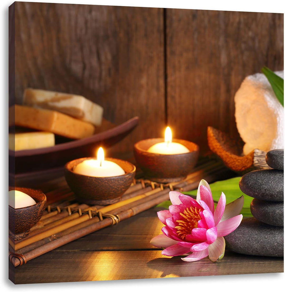 Pixxprint Kerzen mit Zen Steinen und Seerose, Format: 70x70 auf Leinwand, 70x70