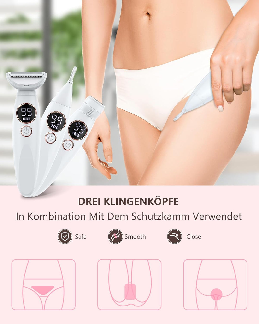 Rasierer Damen,3-In-1 Intimrasierer für Frauen,Gesichtshaarentferner für Frauen,Damenrasierer Elektr