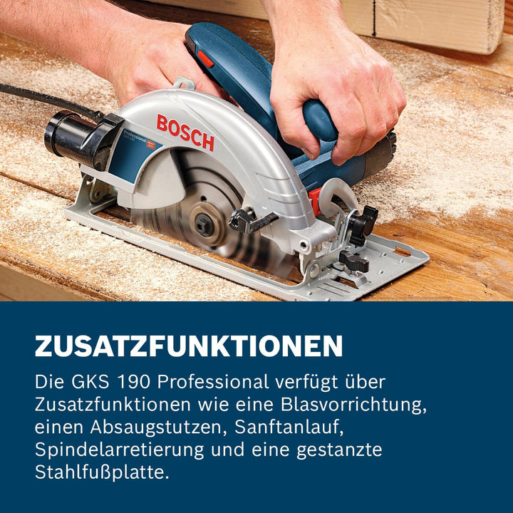 Bosch Professional Kreissäge GKS 190 (Leistung 1400 Watt, Kreissägeblatt: 190 mm, Schnitttiefe: 70mm