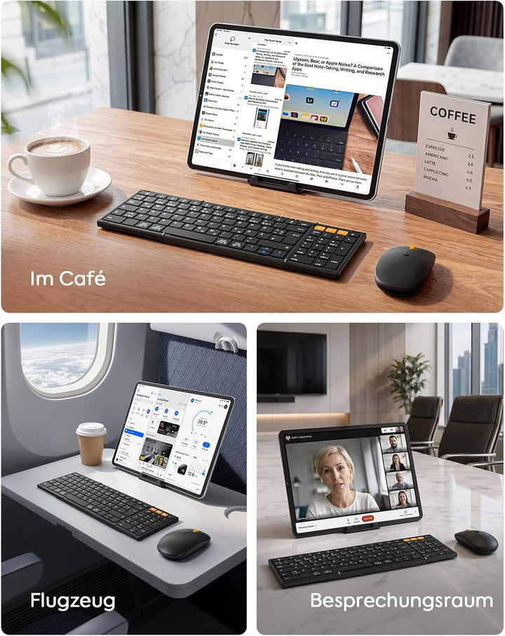 MoKo Faltbare Bluetooth Tastatur mit Maus, QWERTZ Deutsches Layout, Kabellose 2.4G + Dual Bluetooth