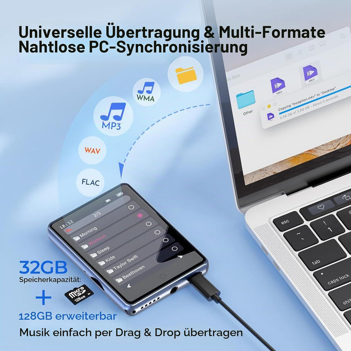 MP3 Player Bluetooth 5.3 mit 2.8 Zoll Voller Touchscreen Lautsprecher, 32GB (Unterstützt bis zu 128