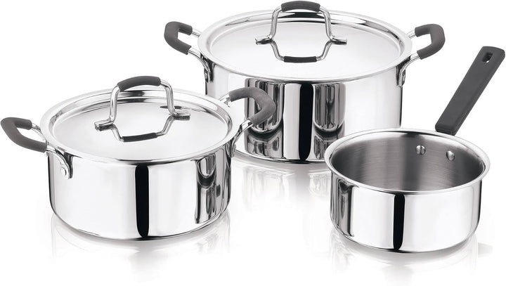 Kochgeschirr-Set, 2 Töpfe Ø 20 x 24 cm + Kasserolle Ø 16 cm aus Edelstahl und Silikongriffen. Master