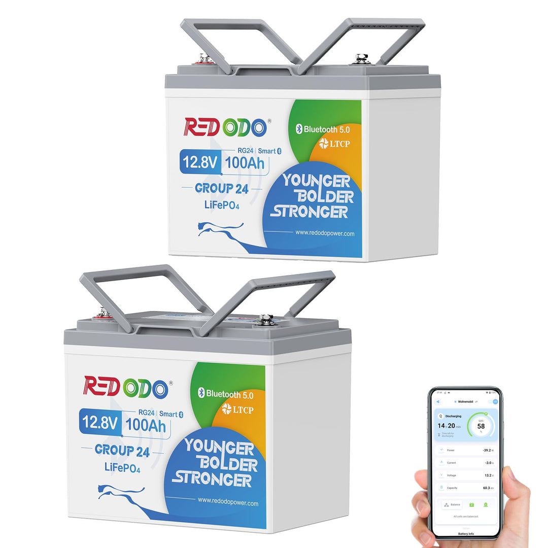 Redodo 2er Pack 12V 100Ah LiFePO4 Batterien mit Bluetooth, 100A BMS, 1280Wh pro Batterie (2560Wh ges