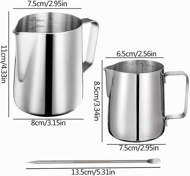 Milchkännchen Edelstahl,Tianher 2 Stück Aufschäumer Kännchen 350 ml 600ml Milchkanne aus Edelstahl M