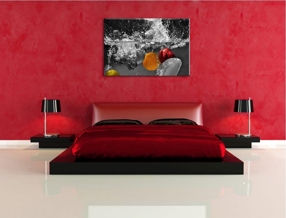 ins Wasser fallende Früchte schwarz/weiss Format: 100x70 auf Leinwand, XXL riesige Bilder fertig ger
