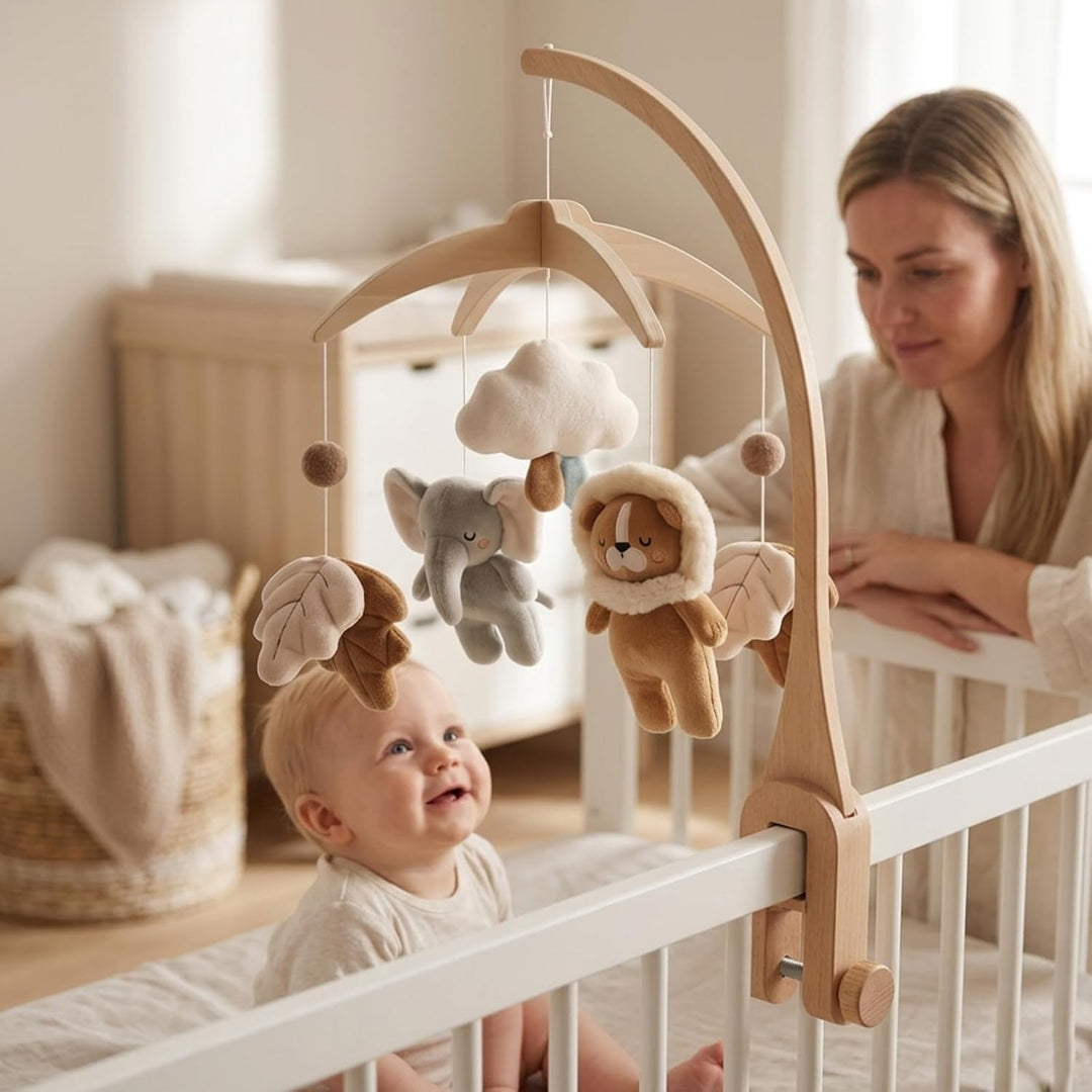Safari Dschungel Plüsch Baby Mobile,Elefant Löwe und Blätter Holz Handgemachte Windspiel für Babybet