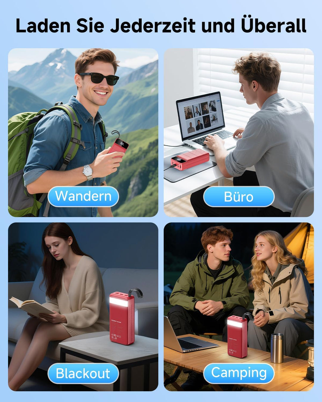 60000 mAh Power Bank, 22,5 W Powerbank USB-C Schnellladefunktion Externe Akku mit 4 Ausgänge und 3 E