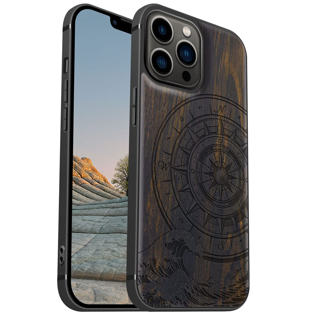 Carveit Magnetisch Hülle für iPhone 13 Pro Max Case [Elegante Schwarzholz] [Weich TPU Stossstange] S
