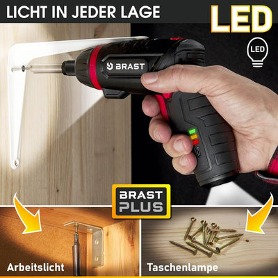 BRAST® Akkuschrauber Akku Bohrschrauber | 4,0V / 2Ah Li-Ion-Akku | 54 Chrom-Vanadium-Bits | schwenkb