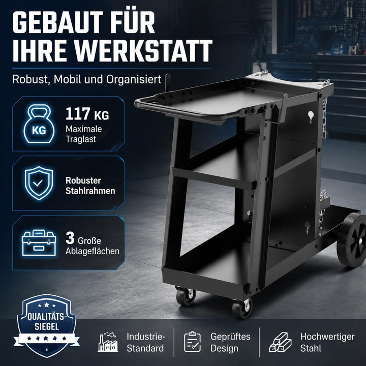 WERKTHOR Schweisswagen 80 kg Tragkraft - Schweisstisch mit 3 Ebenen inkl Gasflaschenhalterung mit Si