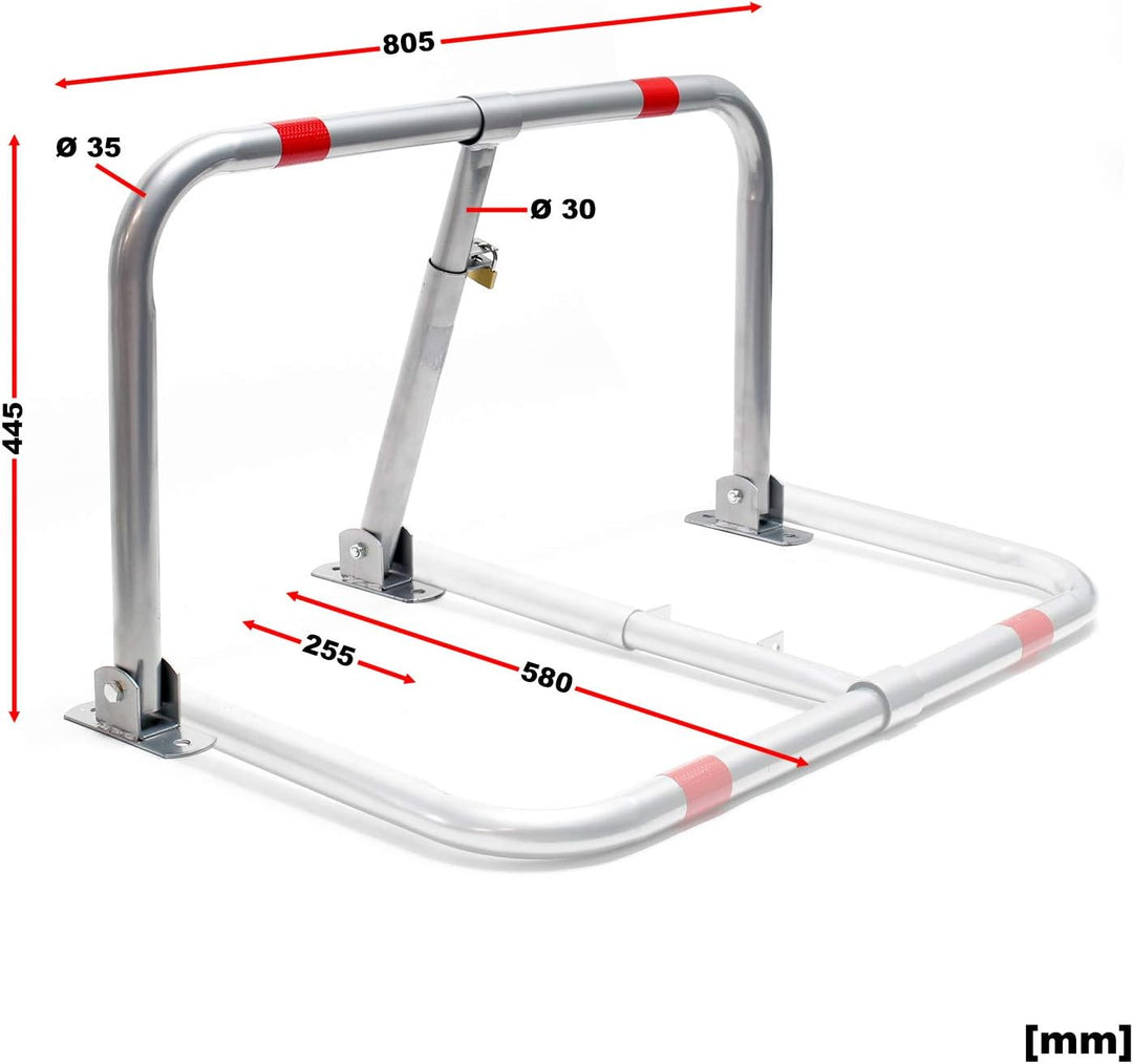 Wiltec Parkplatzbügel umklappbar 43 x 80 cm, mit Vorhängeschloss u. 3 Schlüsseln, Parkpfosten zur Si
