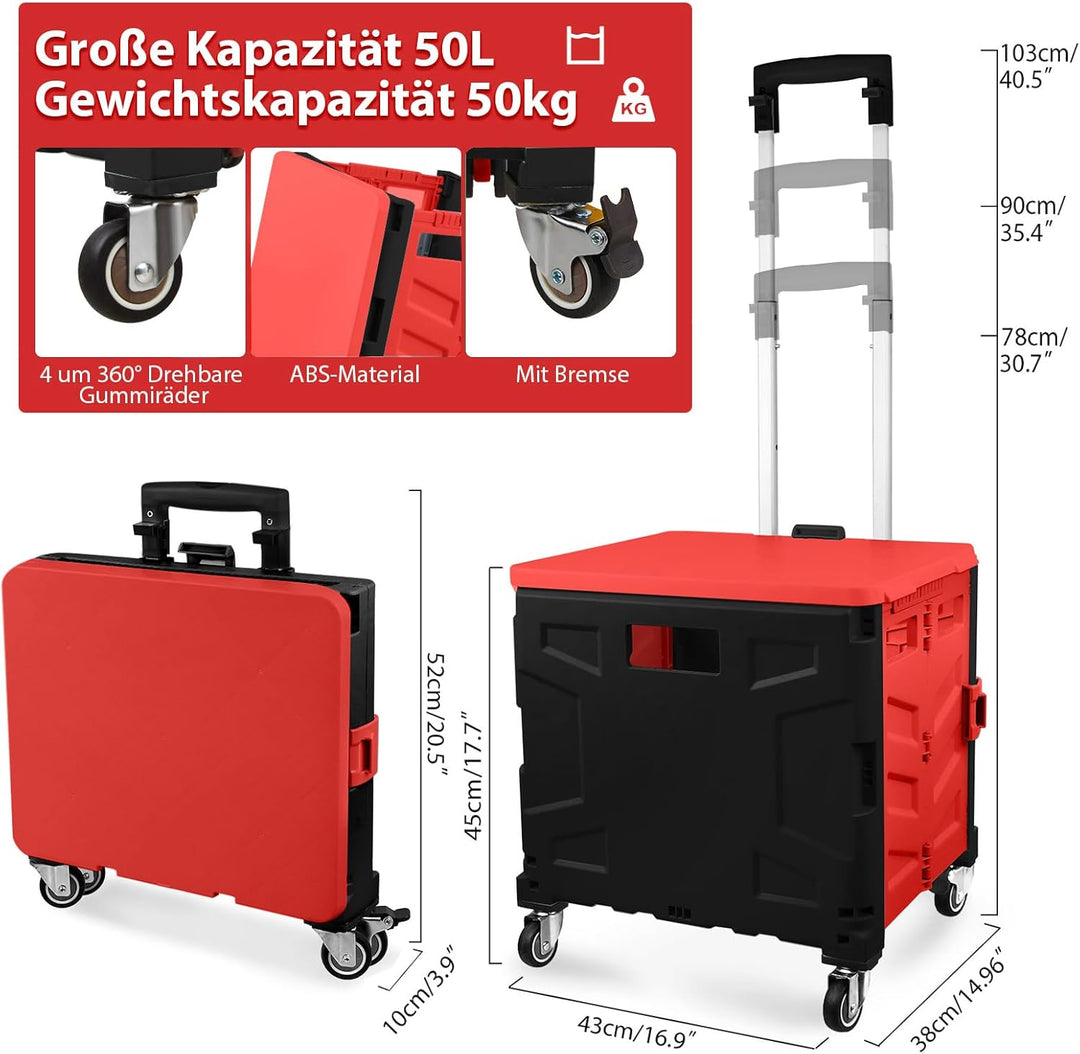 Einkaufstrolley Klappbar, Transport Trolley, bis 50 kg, 50 l Kiste, Einkaufskorb mit Deckel, Auszieh