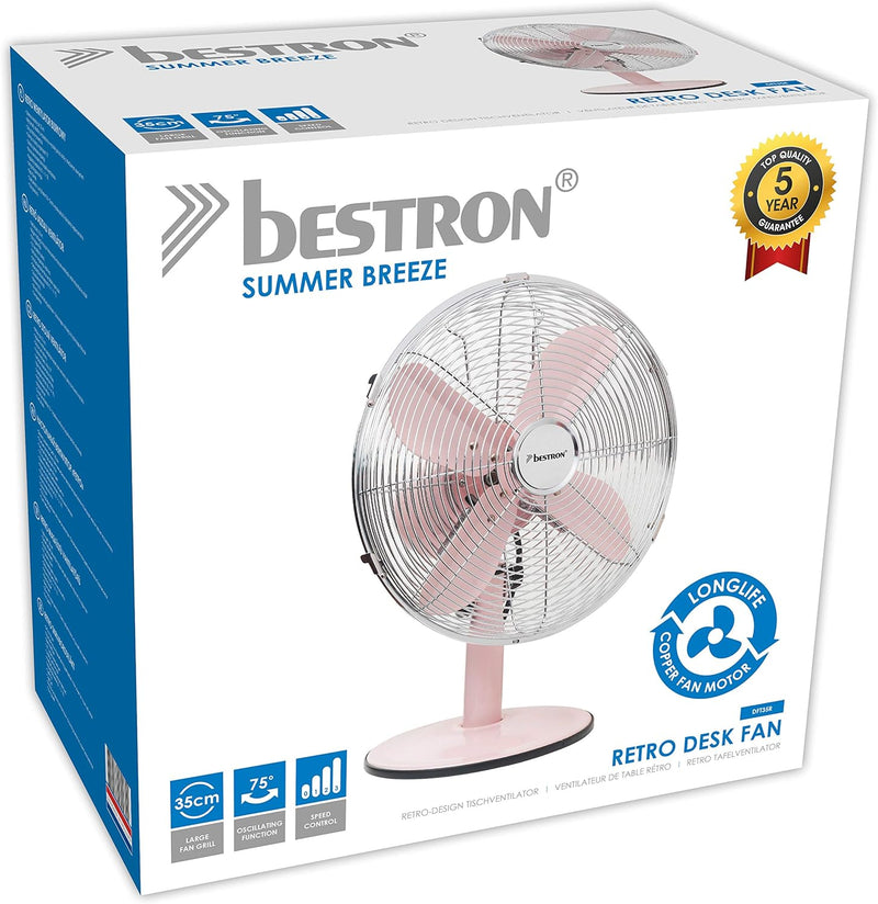 Bestron Mobiler Tischventilator Ø 35cm, Design Ventilator mit 3 Geschwindigkeitsstufen & 75° Oszilla