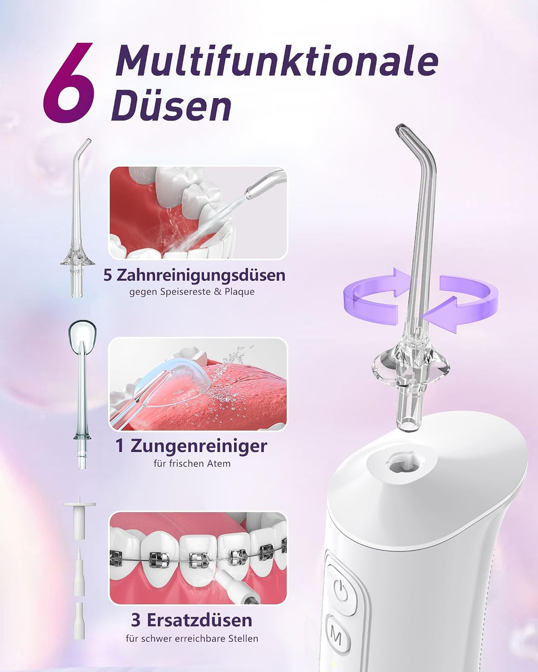 Glracd Munddusche Kabellos | munddusche kabellos 350ML Tank, Zahnzwischenraumreiniger mit 6 Jet-Tipp
