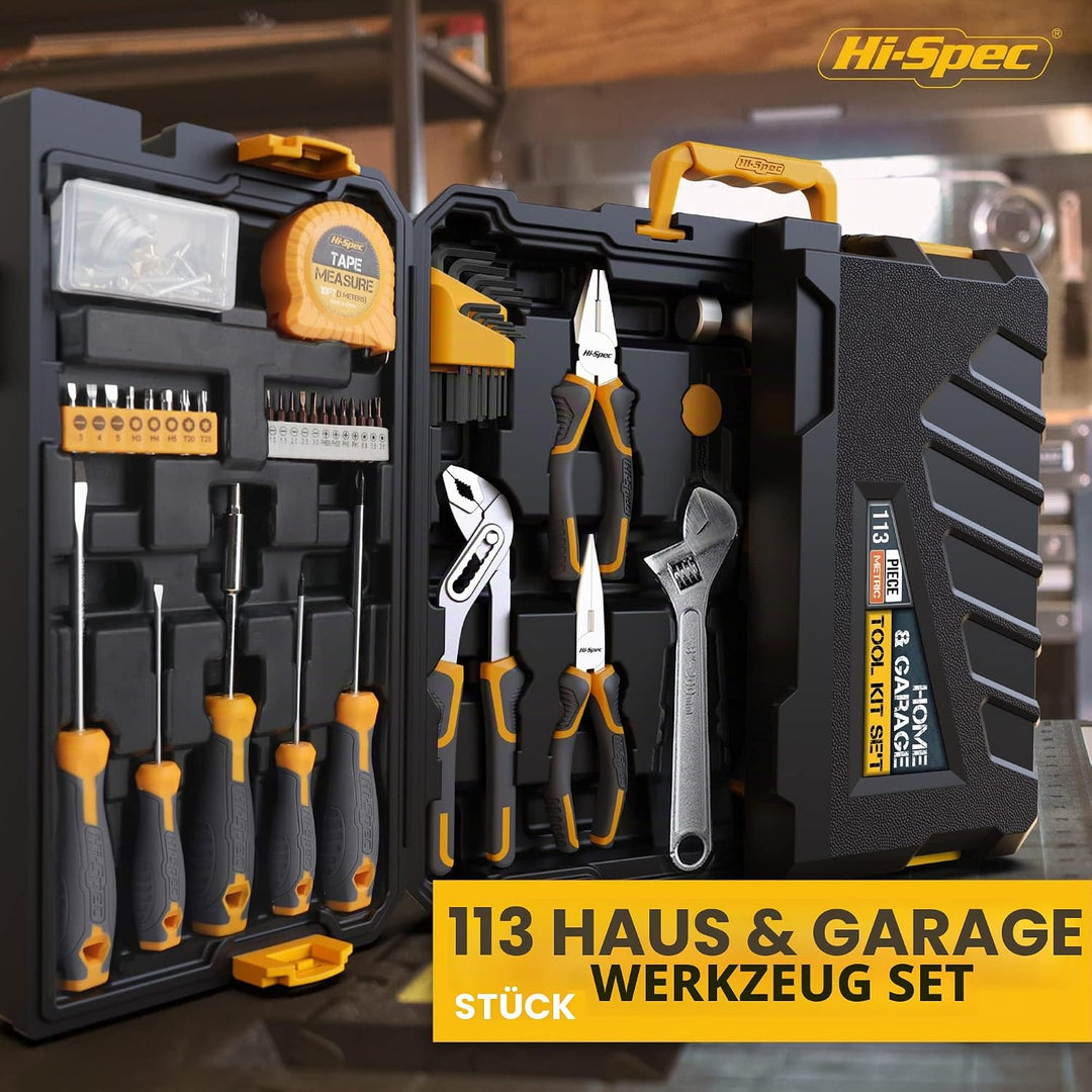 Hi-Spec 113-tlg Werkzeugkasten Bestückt mit den am Meist Benötigten Werkzeugen, Werkzeugkoffer Ideal
