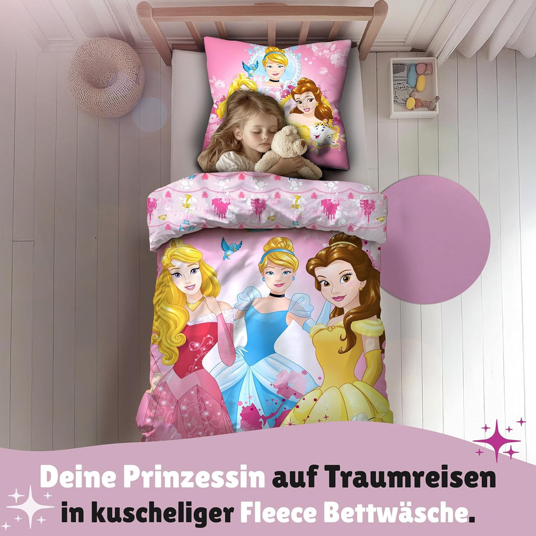 Warme Prinzessinnen Winter Bettwäsche · Rosa Fleece Mädchenbettwäsche 135x200 80x80 cm · 2-TLG. Kind