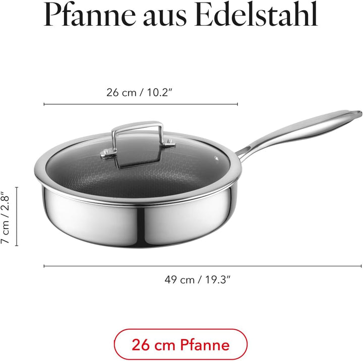 FLORINA Bratpfanne aus Edelstahl Frittierpfanne ARISTO Plus | Pfanne 26 cm - 3,5L | 3-Lagen-Aufbau |