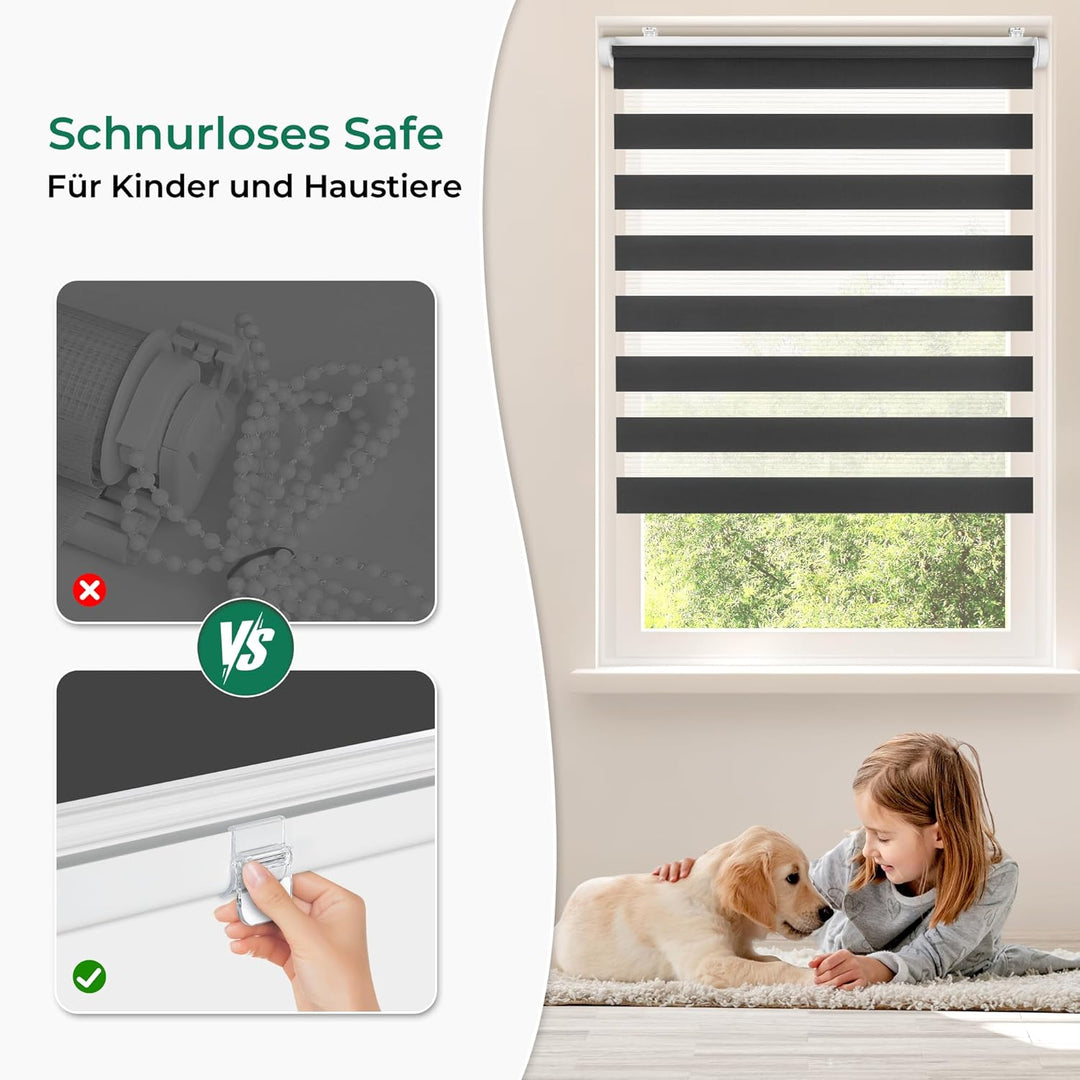 Allesin Doppelrollo schnurlos Klemmfix ohne Bohren Duo Rollos für Fenster &amp; Tür, 80x120cm (BxH) Anth