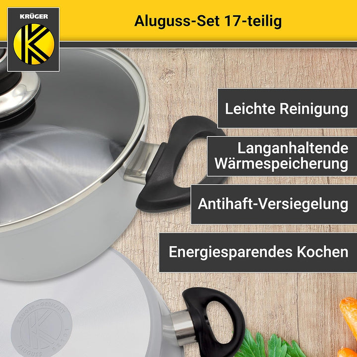 Krüger Aluguss-Set 17-teilig - antihaft-versiegeltes Topf- und Pfannenset mit Küchenhelfer - hohe Hi