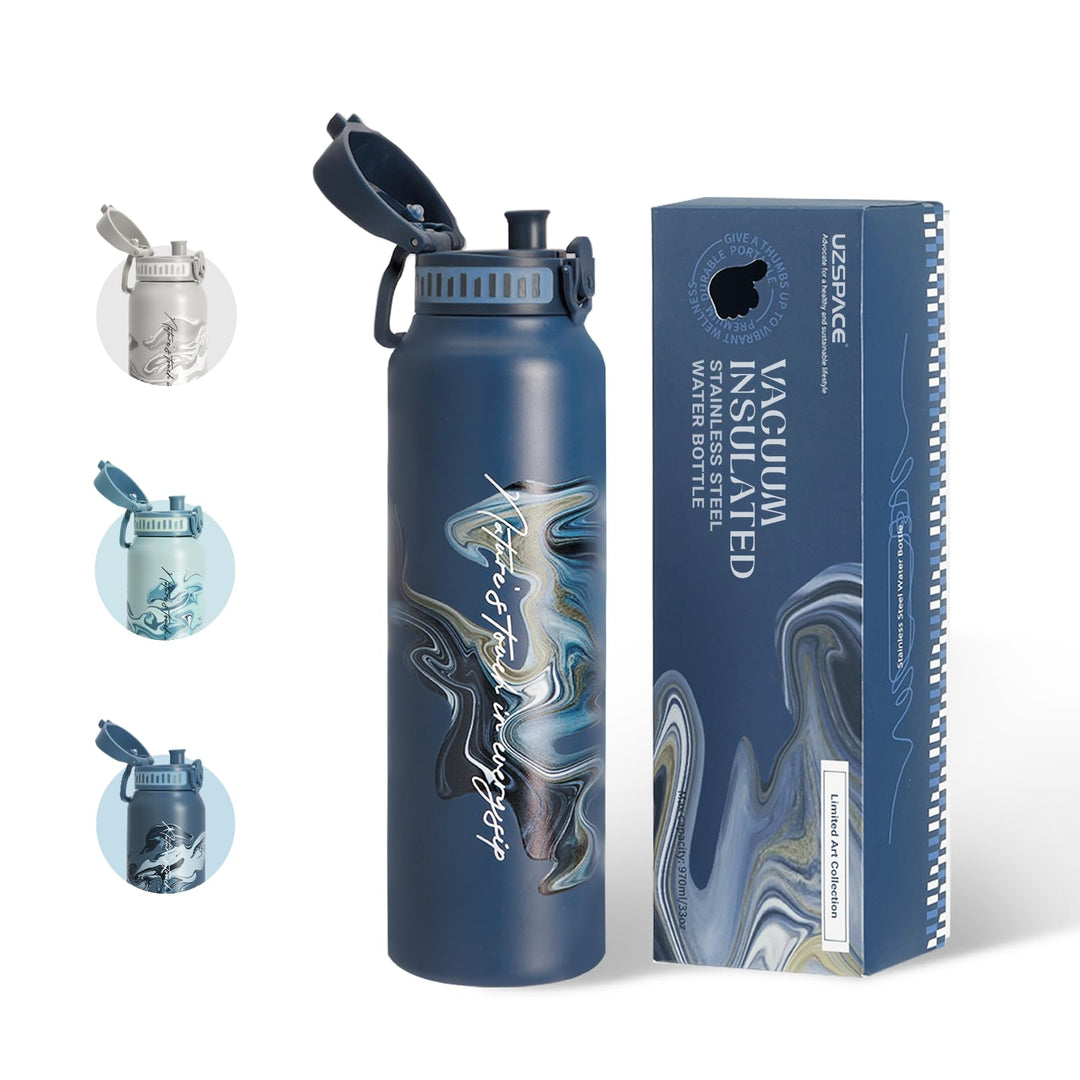 UZSPACE Edelstahl Trinkflasche 1l (970ml), Isolierte Thermosflasche mit 1-Klick-Öffnung, 100% Auslau