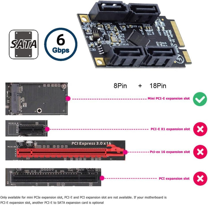 cablecc Mini PCI-E PCI Express auf 6 Gbit/s Vier Ports SATA 3.0 Adapter Konverter Festplattenerweite