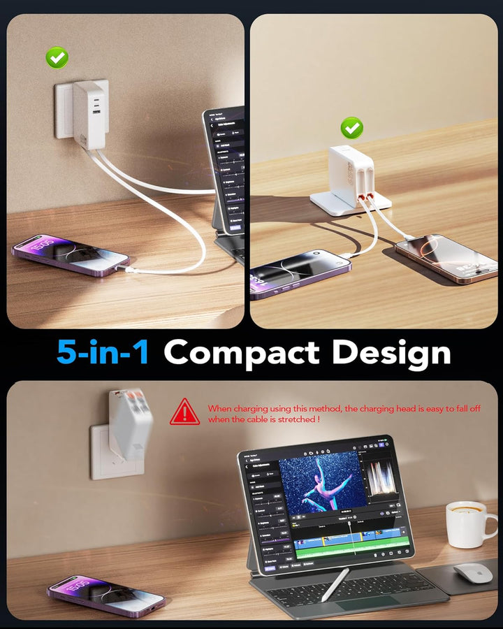 5 in 1 USB C Einziehbares Ladegerät 65W 3 Port Netzteil Schnellladegerät mit Einziehbarem Kabel,GaN