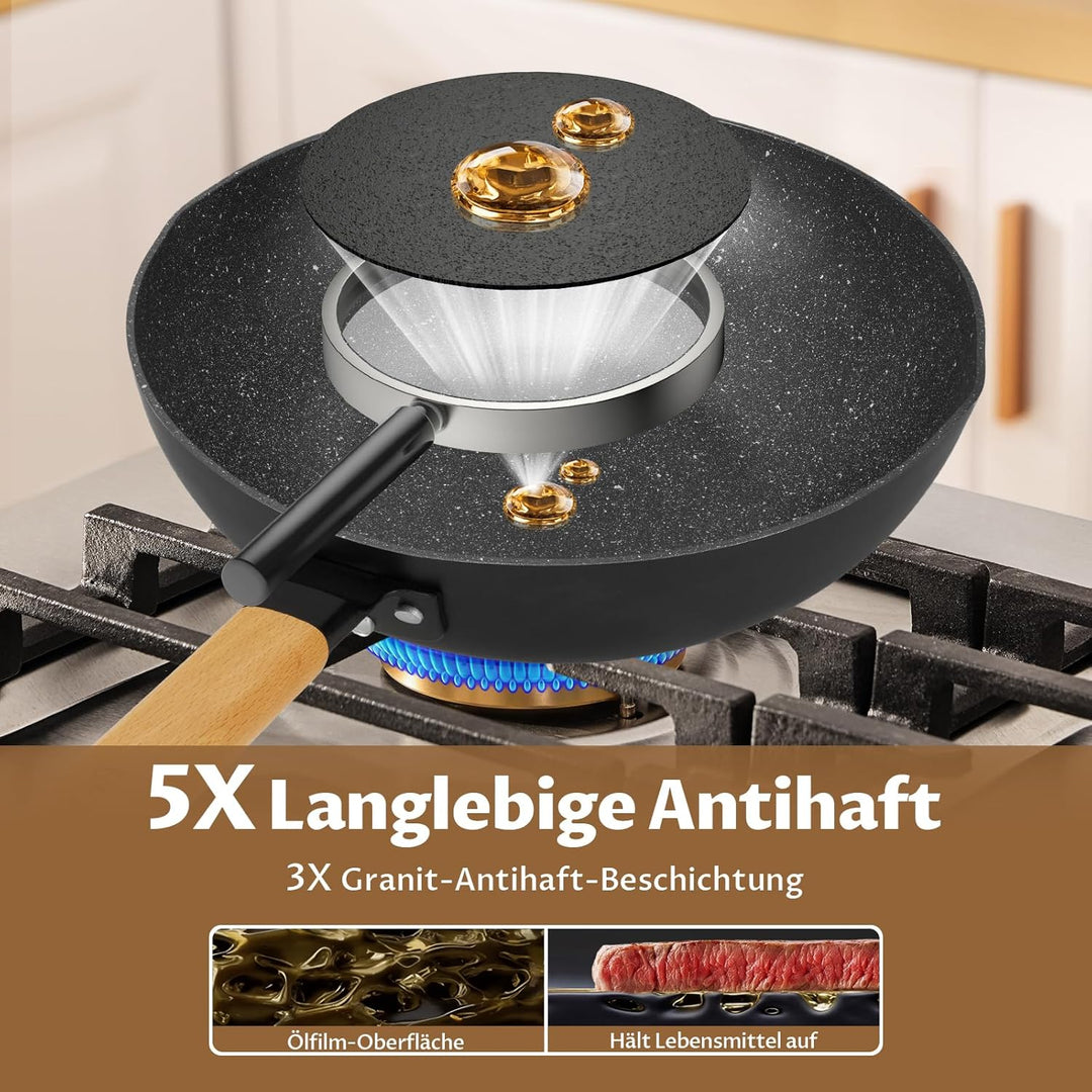BEZIA Induktions Wok Pfanne mit Deckel, Antihaft-Wokpfanne 30 cm, Wok zum Braten mit Holzgriff, flac