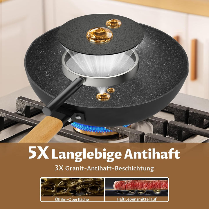 BEZIA Induktions Wok Pfanne mit Deckel, Antihaft-Wokpfanne 30 cm, Wok zum Braten mit Holzgriff, flac
