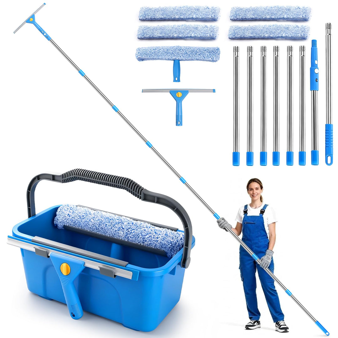 Fensterputzer Set, 3,25m Profi Teleskopstange Fensterreinigung mit Fensterputzeimer 12L, Fensterrein