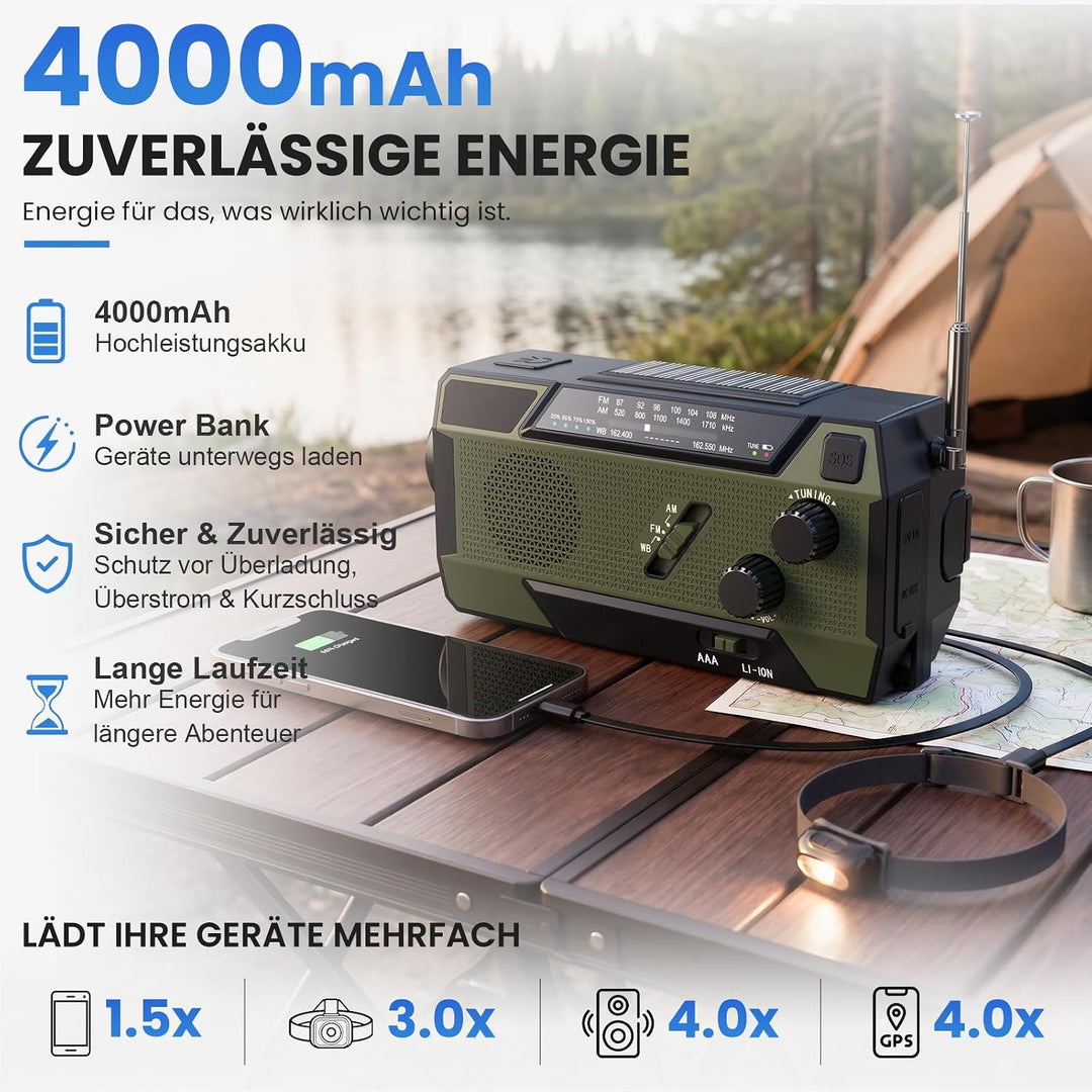 Kurbelradio Notfallradio 4000mAh (14800 mWh) Akku, Powerbank mit 3 integrierten Kabeln, Radio mit Ku