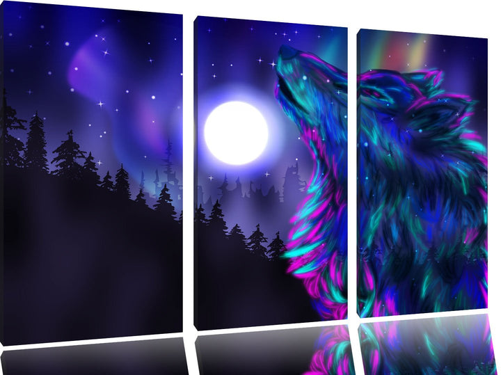 Abstrakter Wolf mit Mond als 3-Teiler Leinwandbild 120x80 Bild auf Leinwand, XXL riesige Bilder fert