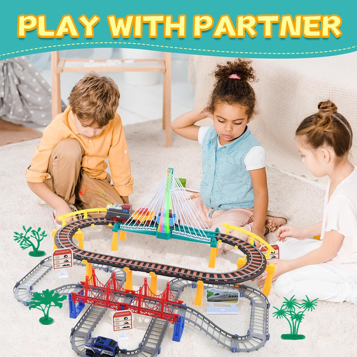 Kinder Eisenbahnschiene Zug Spielzeug Set, Autorennbahn Spielzeug mit Zug&Autobahnautos, für Kinder