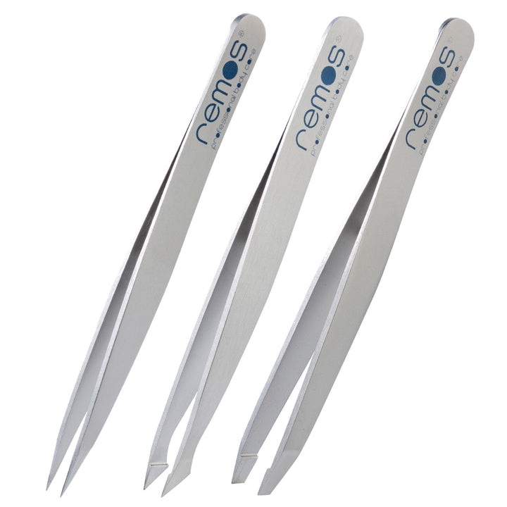 REMOS Pinzetten Set 3-teilig mit Augenbrauen-, Splitter-& Kombipinzette in Satin