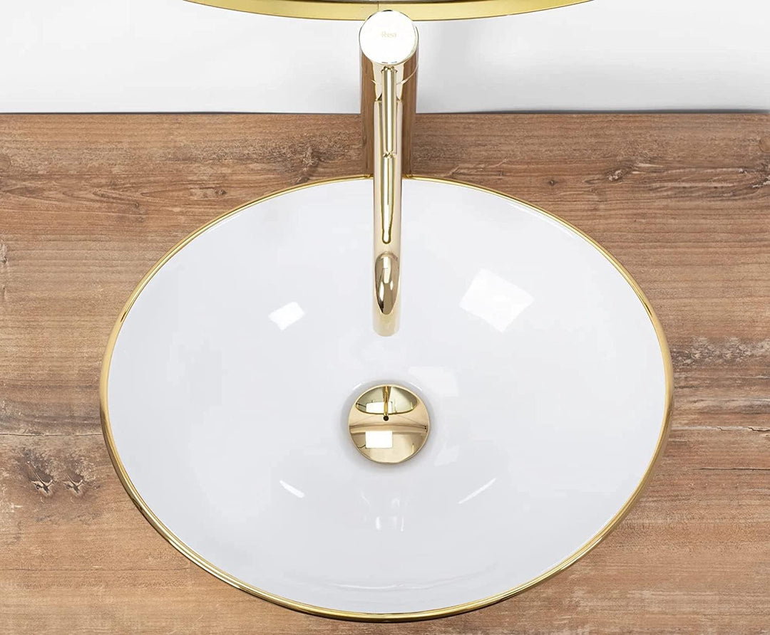 VBChome Badmöbel 60 cm Weiss Aufsatzwaschbecken Gold-Weiss 41x35 cm Aufsatzwaschtisch mit Waschbecke