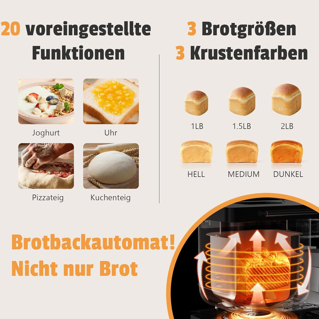 Karinear Brotbackmaschine, 20 Programmfunktion Brotbackautomat mit Handschuhen, 15-Stunden-Zeitvorwa