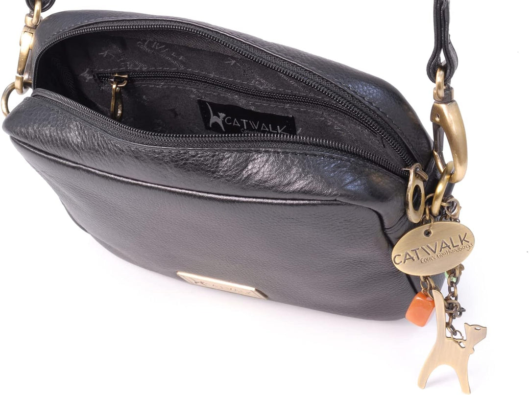 Catwalk Collection Handbags - Leder - Klein Umhängetasche Messenger/Schultertasche - POLLY Schwarz,