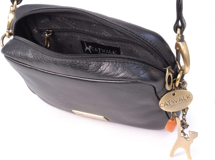 Catwalk Collection Handbags - Leder - Klein Umhängetasche Messenger/Schultertasche - POLLY Schwarz,