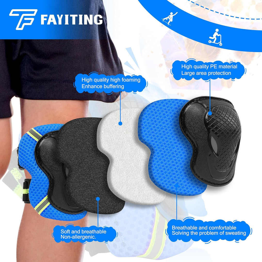 FAYITING Kinder-Schutzausrüstung, 7-in-1-Helm-Set, Knie Handgelenk und Ellbogenschützer für Skateboa