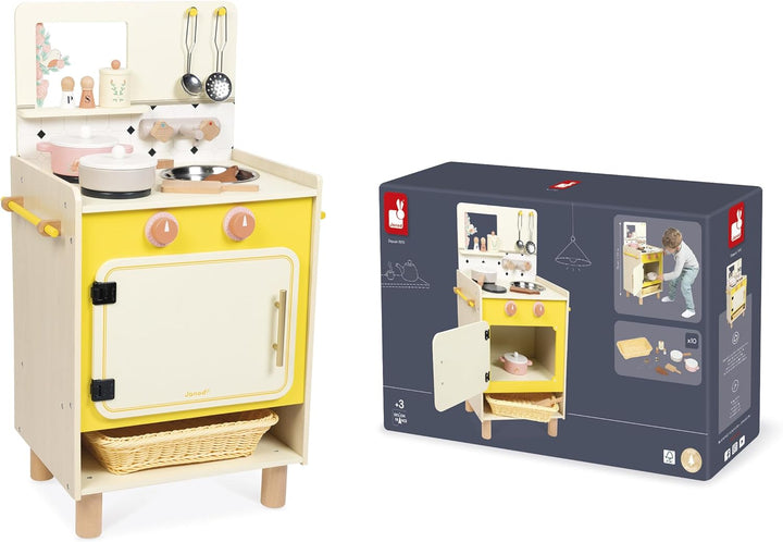 Janod - Kinderküche aus Holz - Ausgestattet mit Backofen, Spüle und 11 Zubehörteilen - Sonore Drehkn