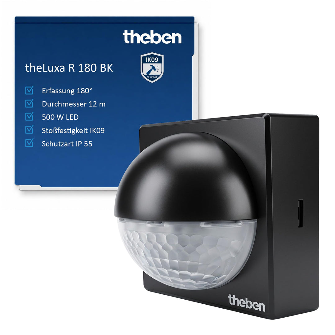 Theben 1010201 theLuxa R180 BK – 180° Passiv Infrarot (PIR) Bewegungsmelder für den Aussenbereich -