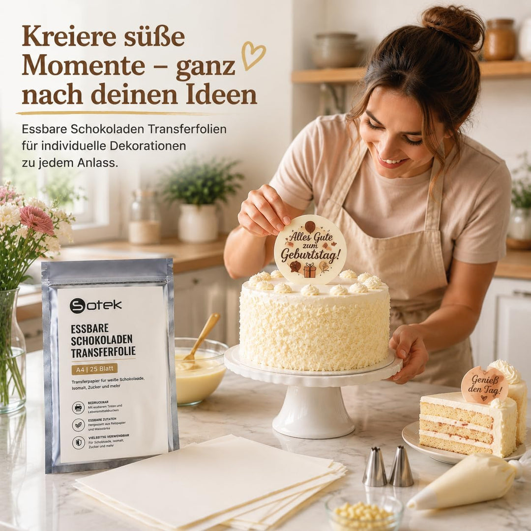 Sotek Essbare Schokoladen Transferfolie A4, 25 Blatt (21 x 29,7 cm), Transferpapier für weisse Schok