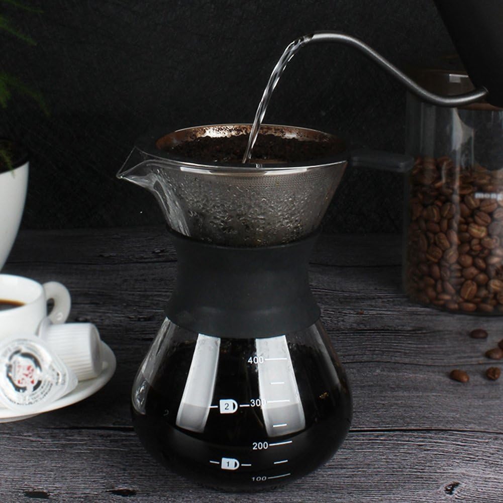 Kaffeekanne aus Glas, 400ml Pour Over Kaffeebereiter mit Edelstahl Filter, Wiederverwendbar Manuell