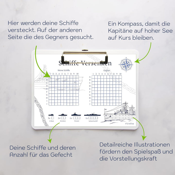 PICTALOO Schiffe Versenken Spielblock Set, Flottenmanöver mit 50 Blatt pro Block DIN A5, Reisespiel