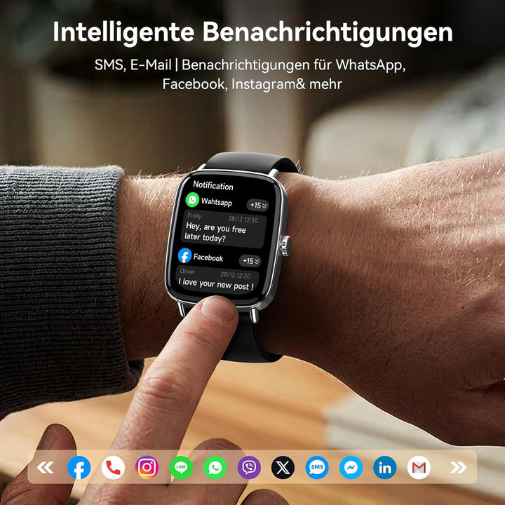 Smartwatch Herren Damen, 1.85" Smart Watch mit Telefonfunktion, Fitnessuhr mit Pulsuhr Schlafmonitor