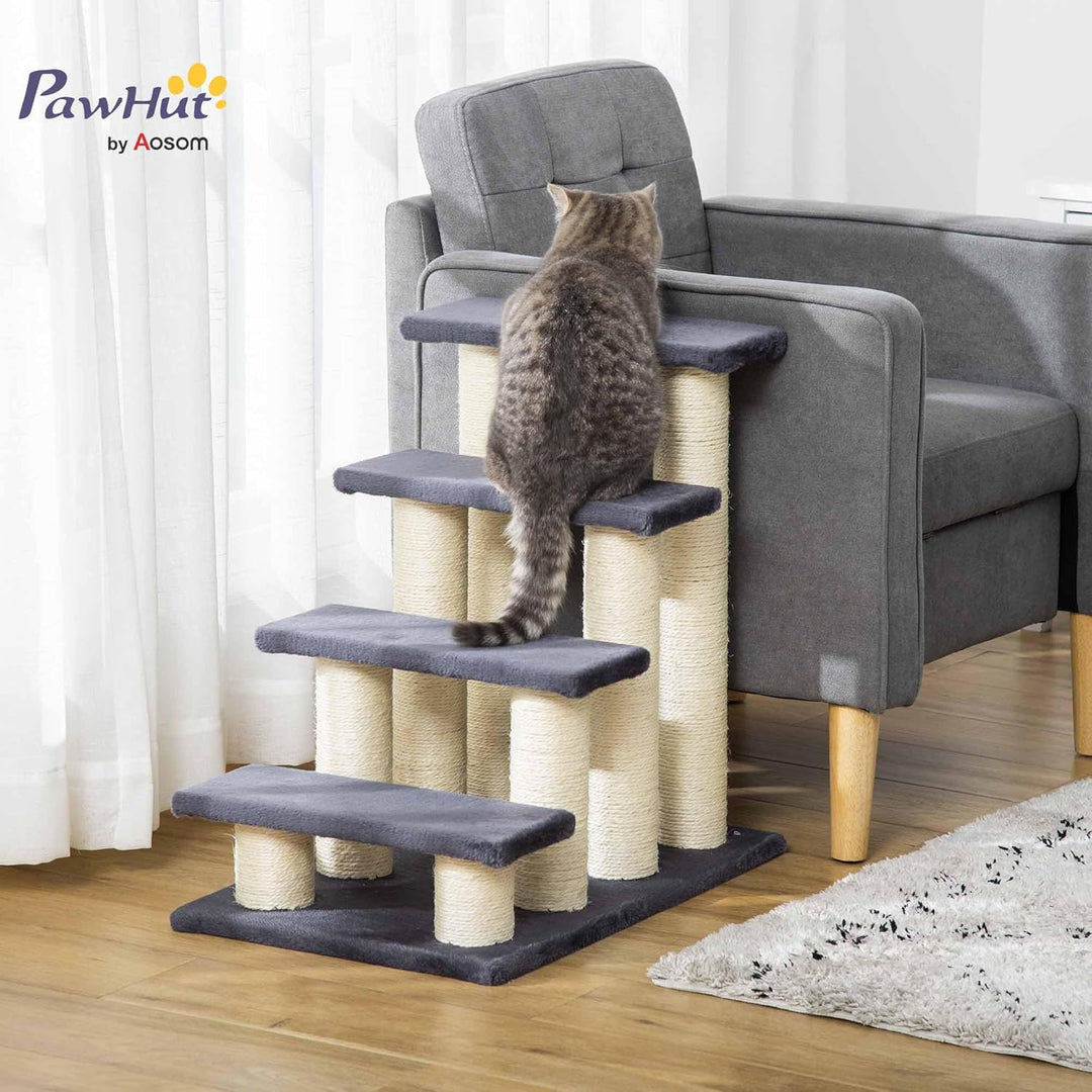 PawHut Tiertreppe Katzentreppe Hundetreppe 4 Stufen Treppe für Katze und Hunde Plüsch Grau 60 x 42 x
